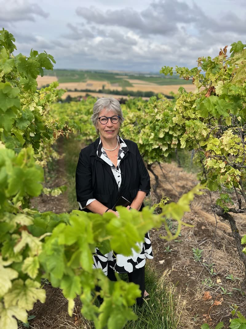 Trauerrednerin Beate Berdel-Mantz in einem Weinberg in Rheinhessen.